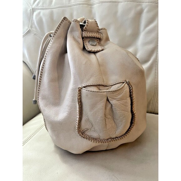Vintage Sigrid Olsen Leather Hobo Bucket Bag Drawstring Cottagecore Y2K Beige - Picture 4 of 16